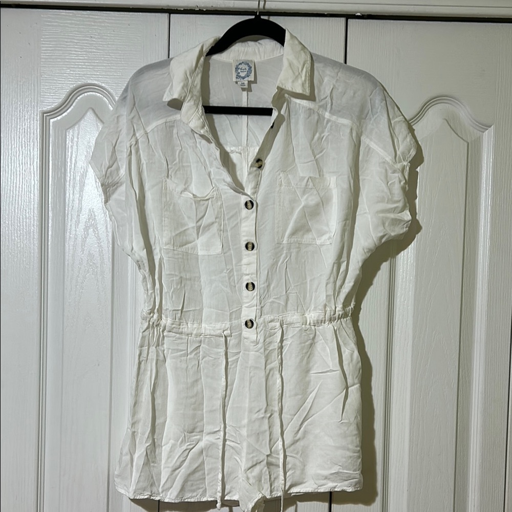 Blue Rain White Button-Up Women's Romper